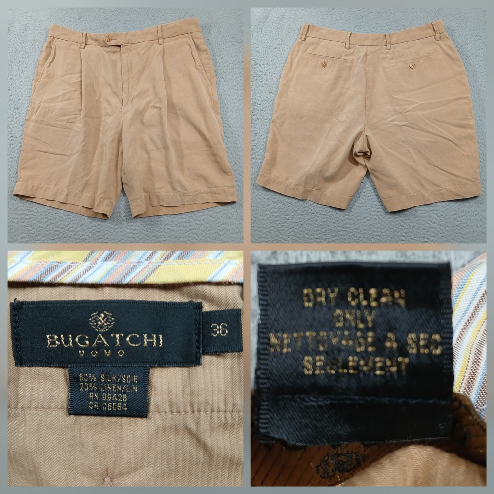 Bugatchi Uomo Pleated Shorts Mens 36 Tan‎ Silk Linen Dress Casual